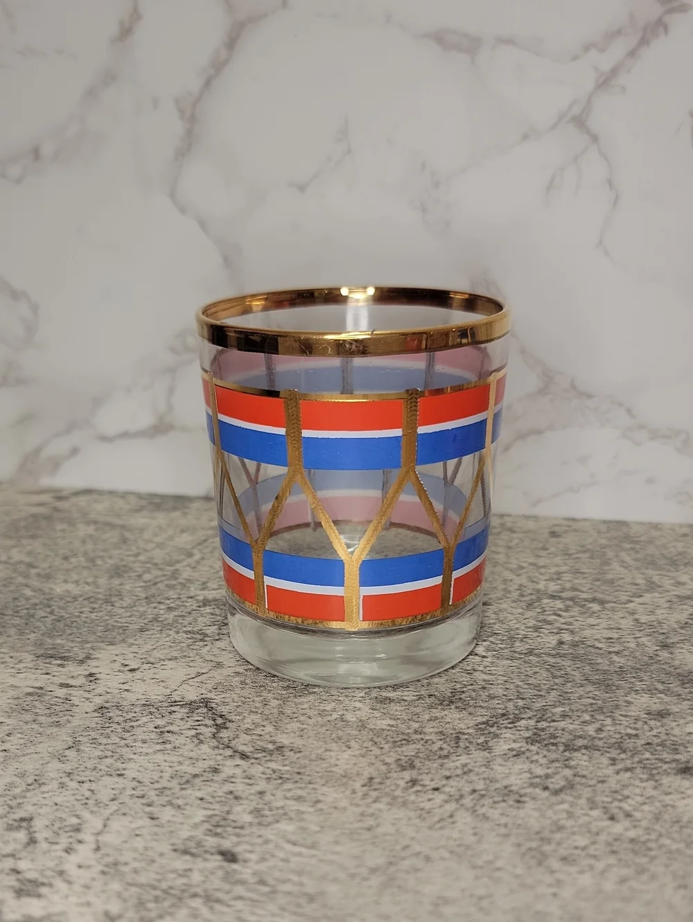 Vintage Fabrico Red and Blue Gold Rim Rocks Glasses Set of Four
